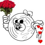 The VRC mascot modified for Valentine's day. They are holding a bouquet and holding a slice of pizza with heart-shaped toppings. 