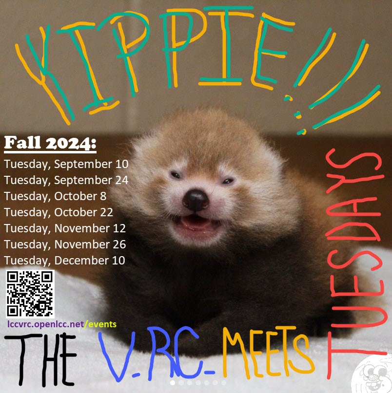 Baby red panda says "yippie! the VRC meets Tuesdays for Fall 2024."

•	Tuesday, September 10 
•	Tuesday, September 24 – Student Officer Elections (rules here). After voting, the meeting will resume with our usual activities. 

Tuesday, October 8 
Tuesday, October 22 
Tuesday, November 12 
Tuesday, November 26 
Tuesday, December 10 


